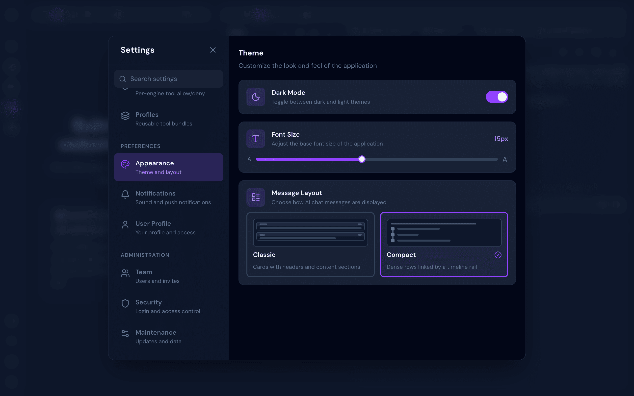 Appearance settings showing dark mode toggle, font size slider, and chat message layout options