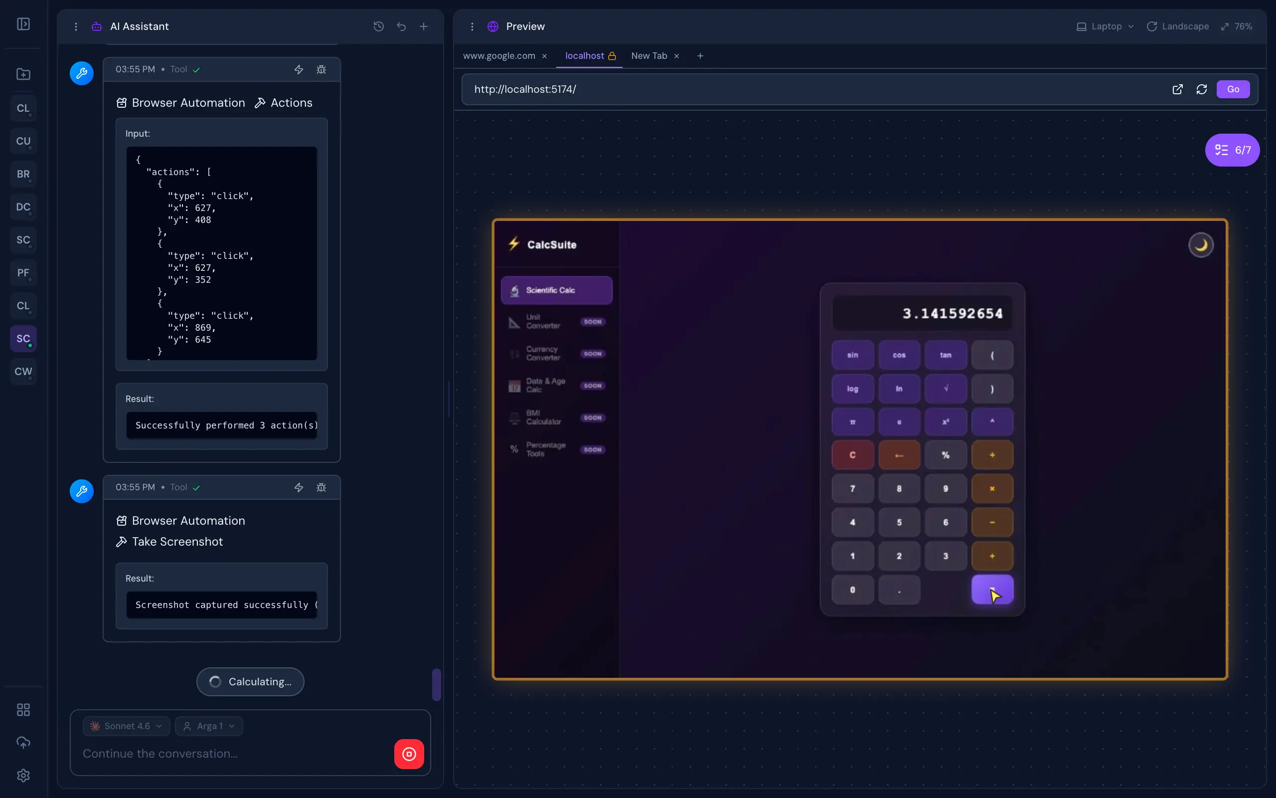 Browser preview panel with live app rendering and AI browser automation actions