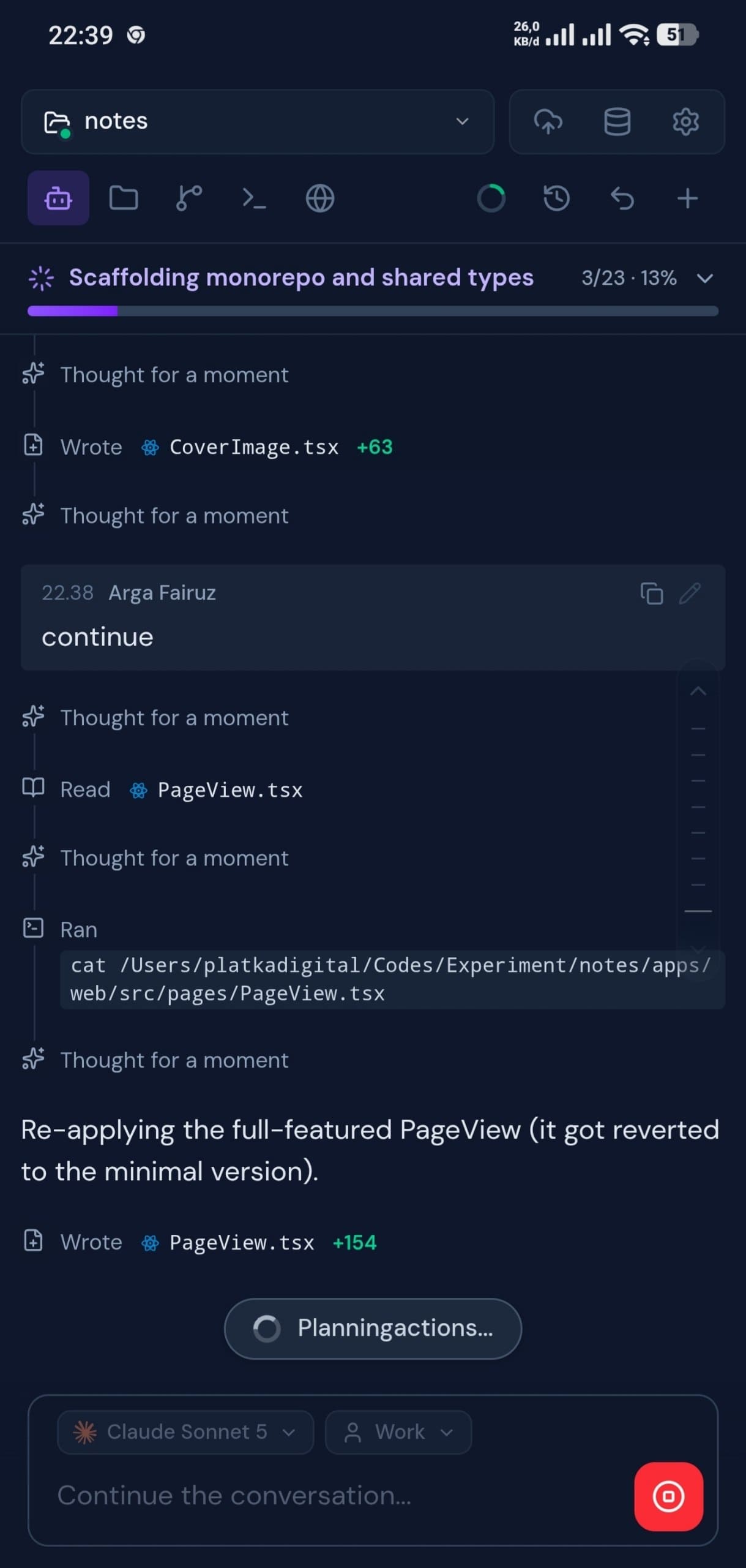 Clopen AI chat panel on a mobile browser showing streaming tool use and task progress
