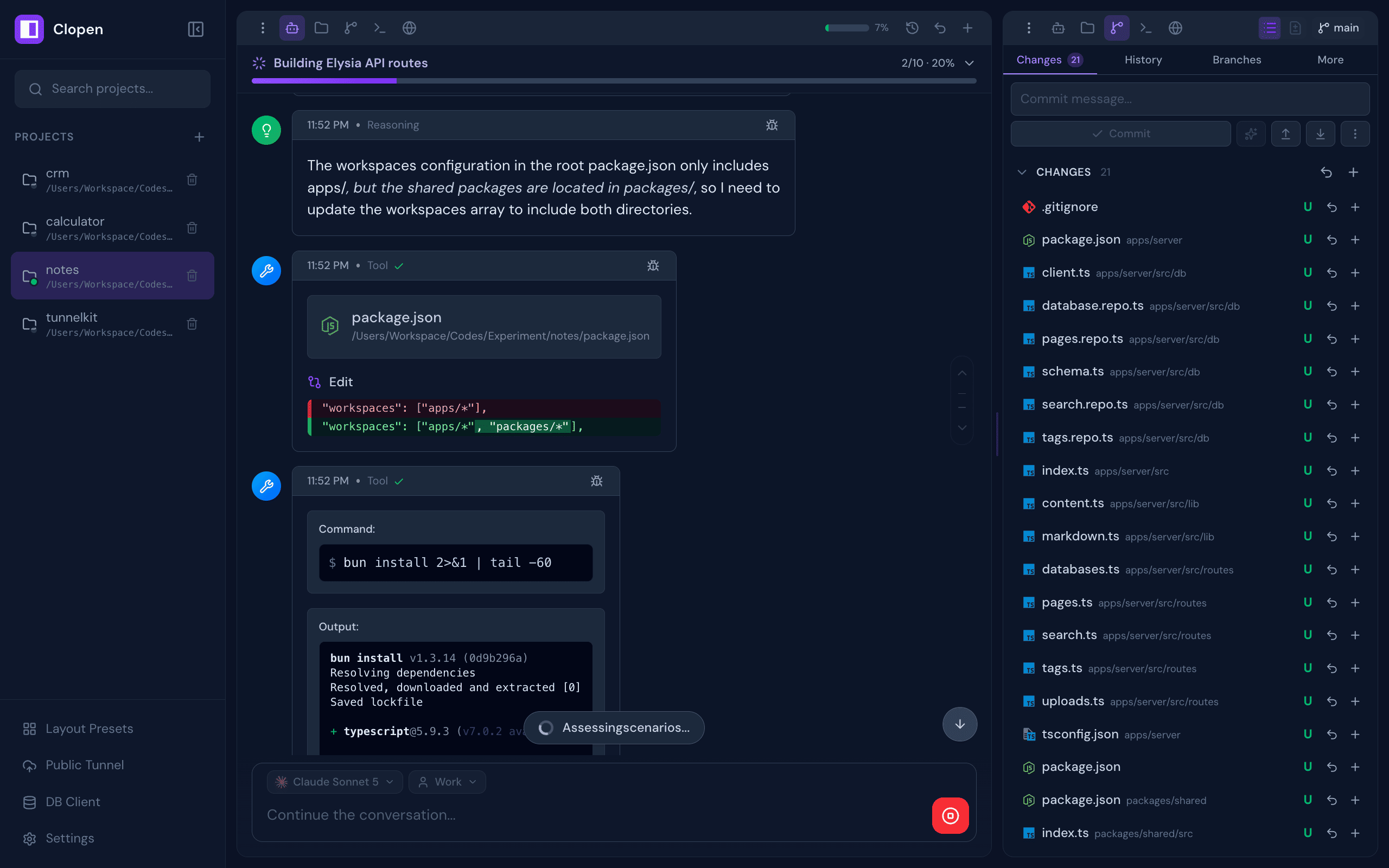 AI chat interface with streaming tool use, task progress panel, multi-project sidebar, and git changes panel