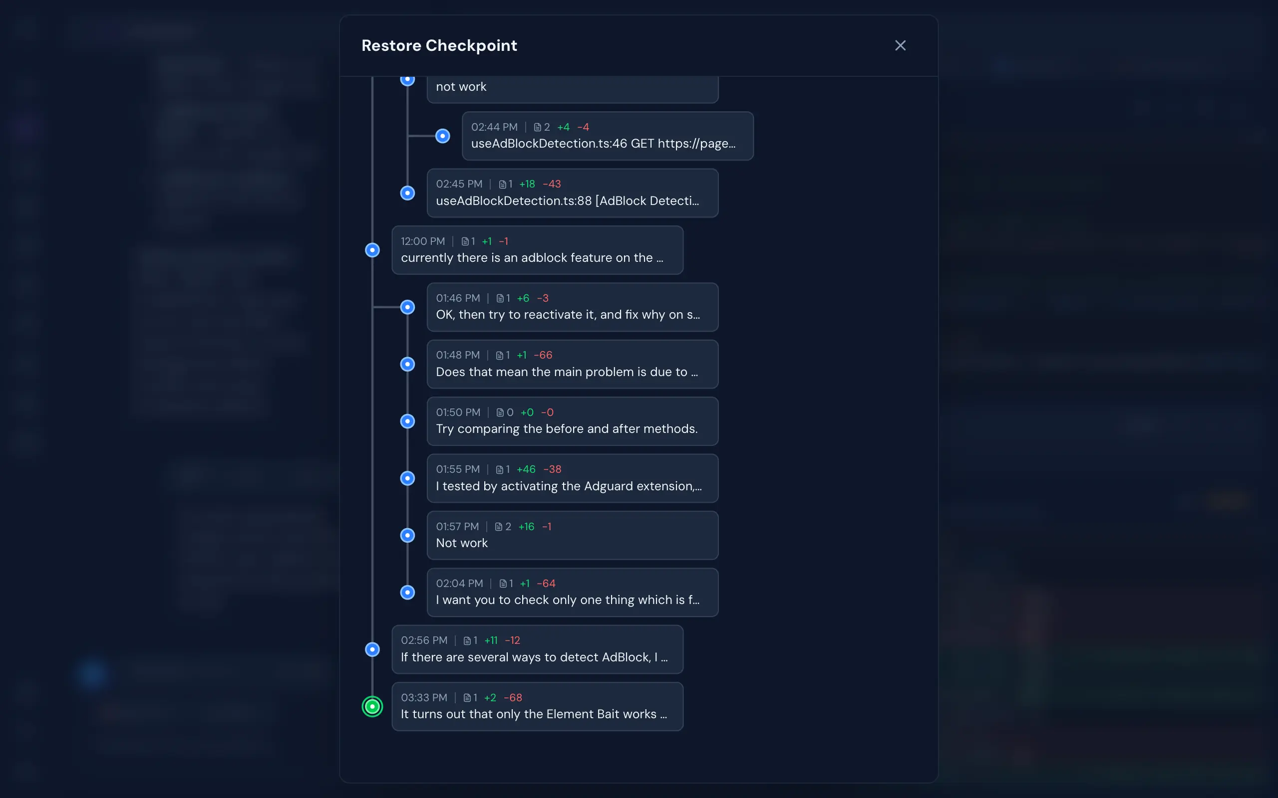 Checkpoint restore dialog showing session history timeline with file diffs and commit messages