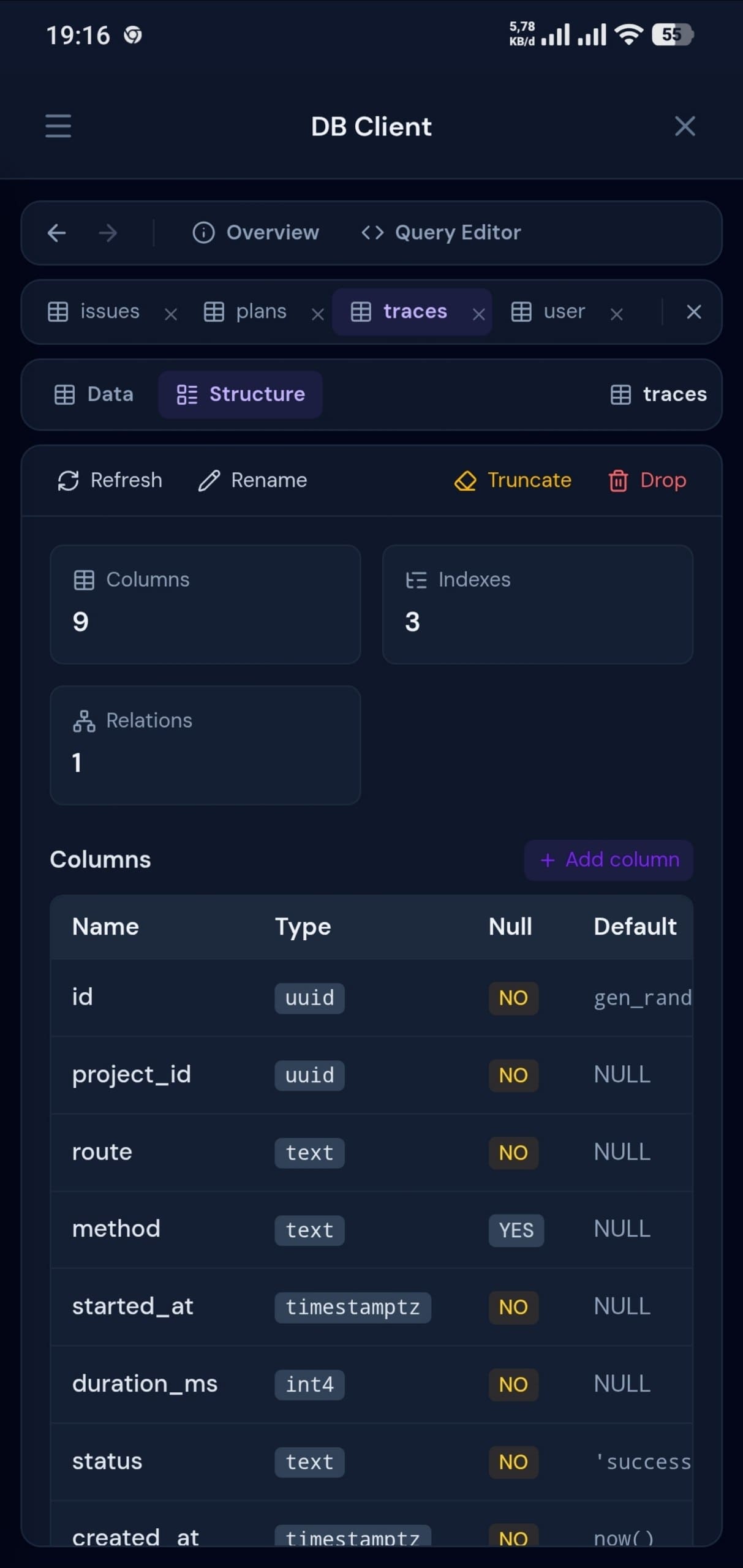 Clopen database client panel on a mobile browser showing table structure and columns