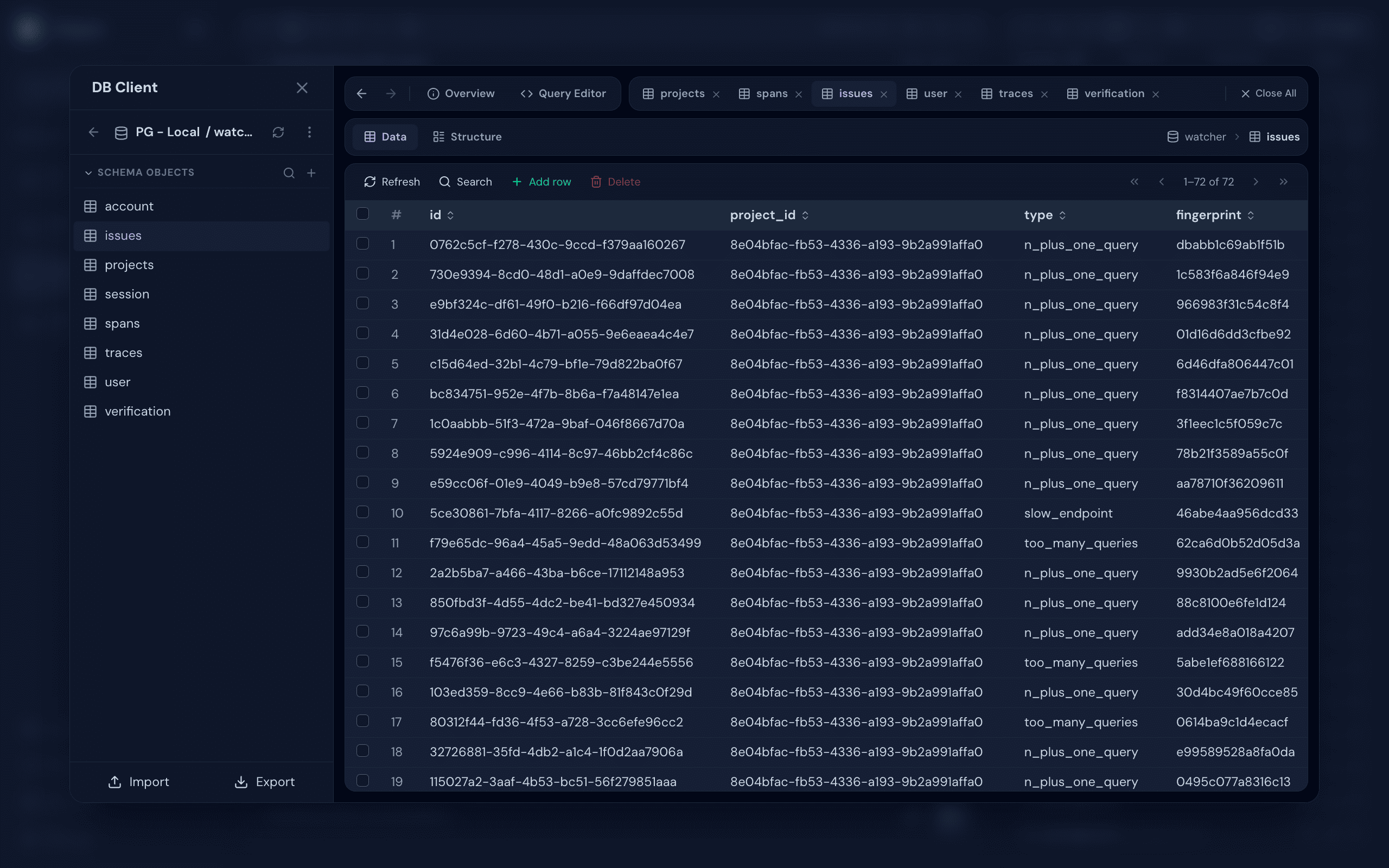 Database client panel showing schema tree, query editor, and result grid