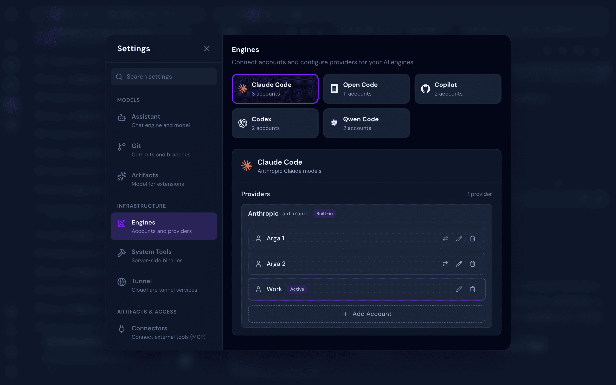 Engines settings showing Claude Code, Open Code, Copilot, Codex, and Qwen Code with multiple accounts per engine