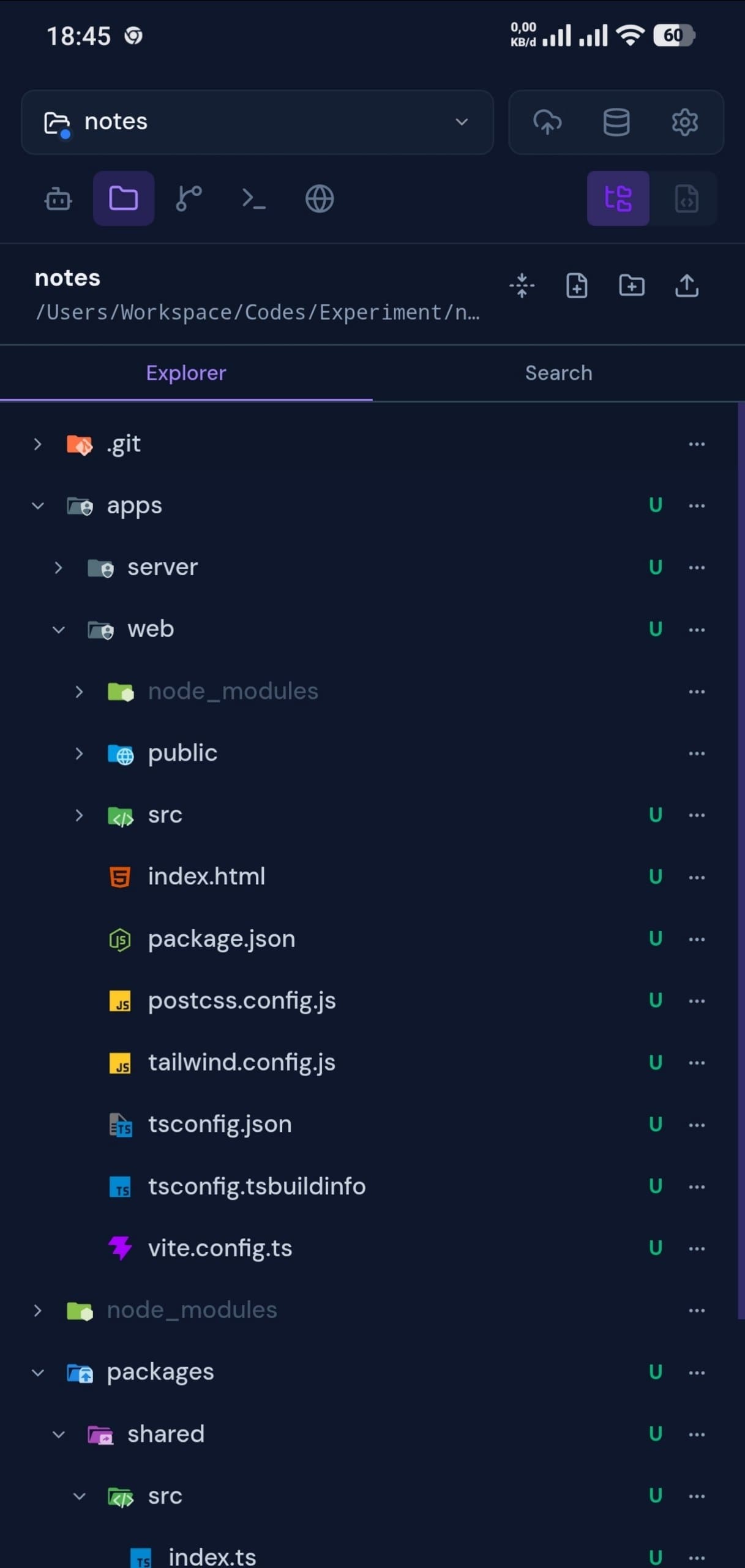Clopen file explorer panel on a mobile browser showing a monorepo directory tree
