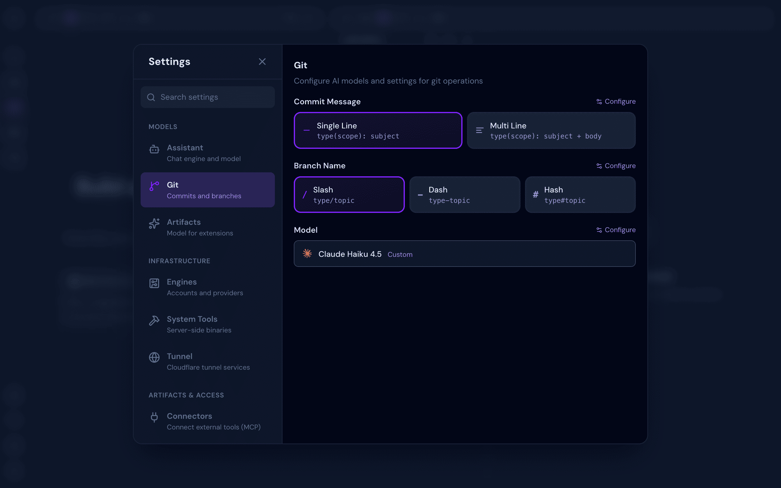 Git settings showing commit message format, branch naming convention, and AI model selection for git operations