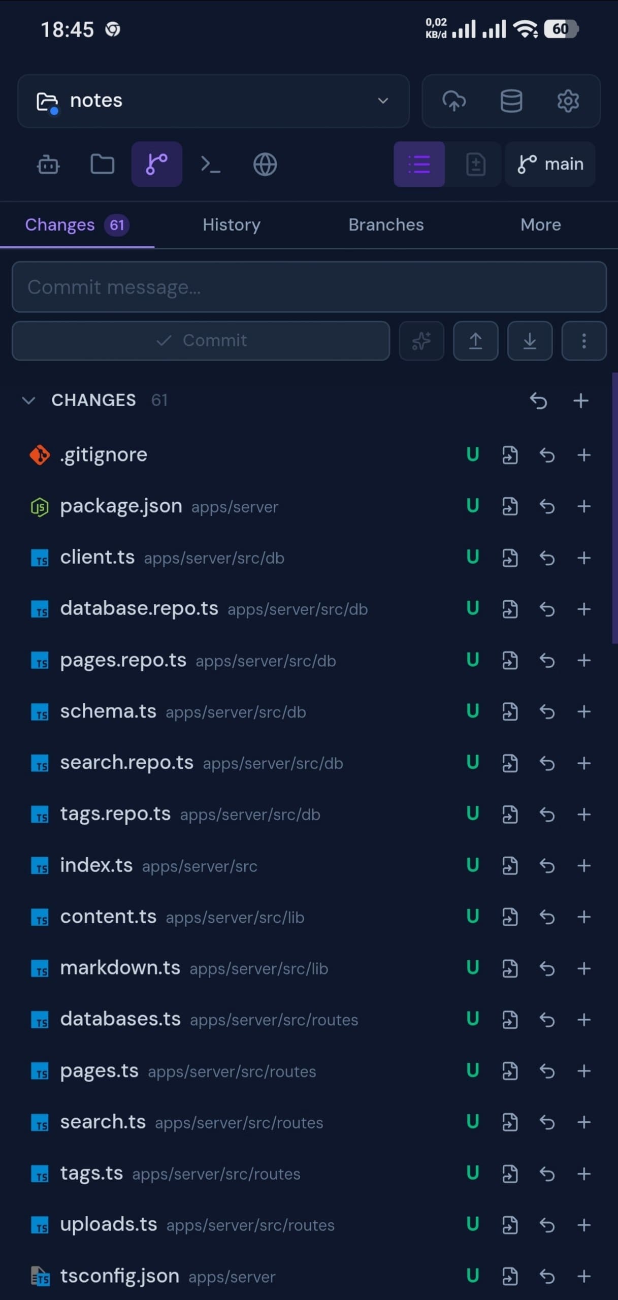Clopen git panel on a mobile browser showing staged changes and a commit message input