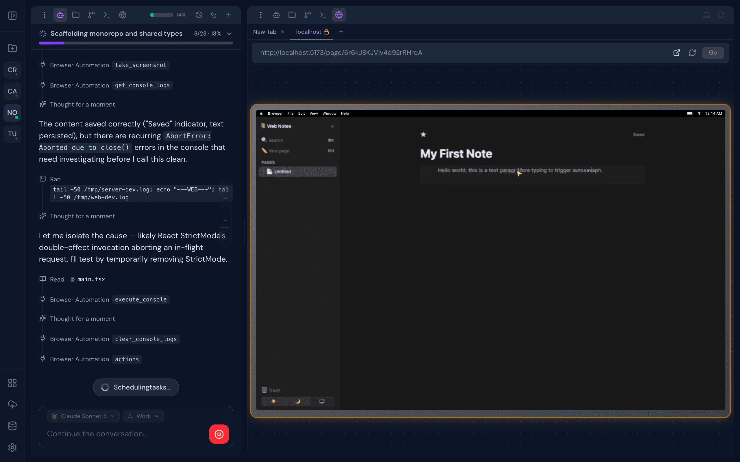 Browser preview panel with live app rendering and AI browser automation actions