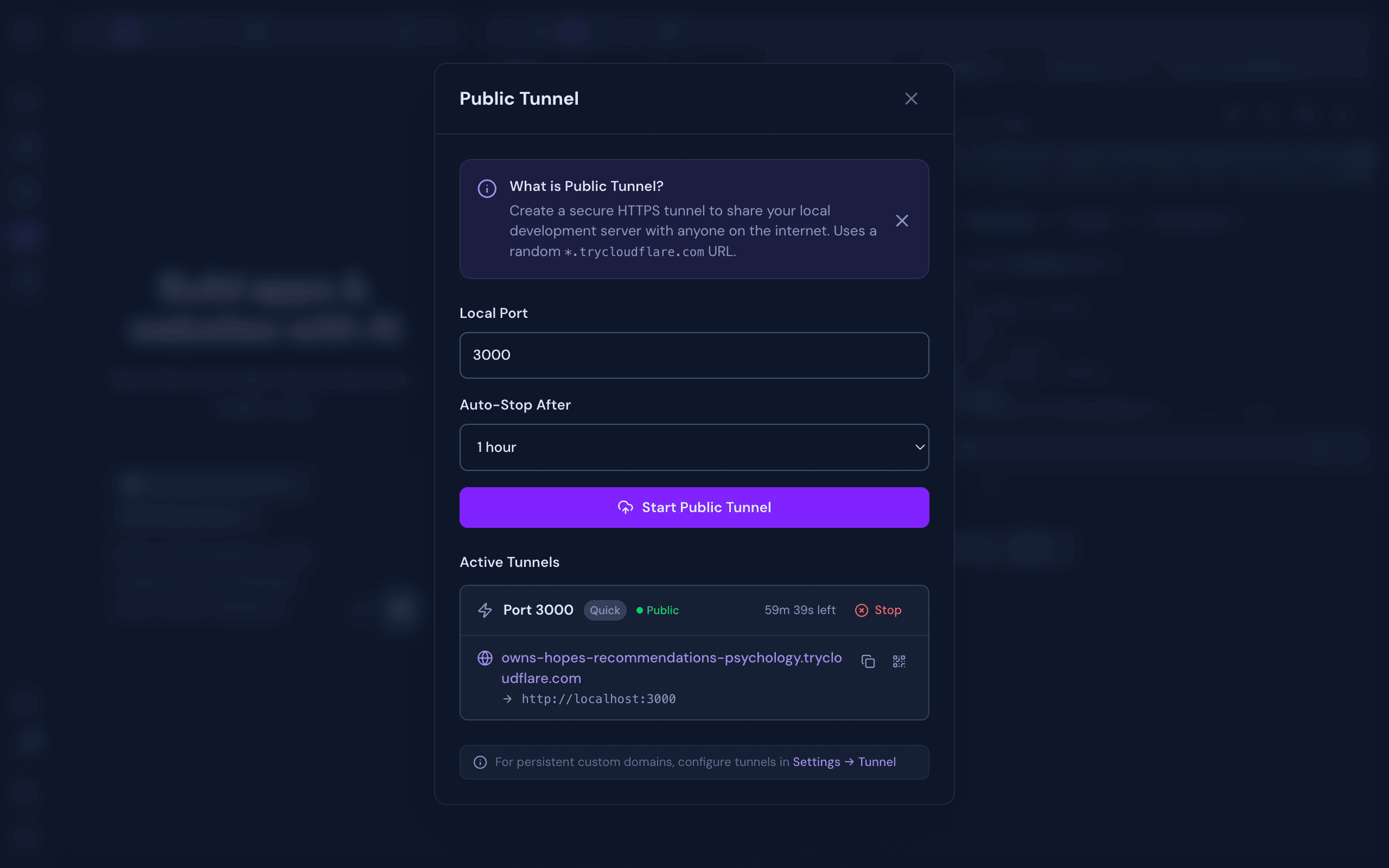 Public Tunnel dialog showing an active Cloudflare tunnel with a public HTTPS URL, QR code option, and auto-stop timer