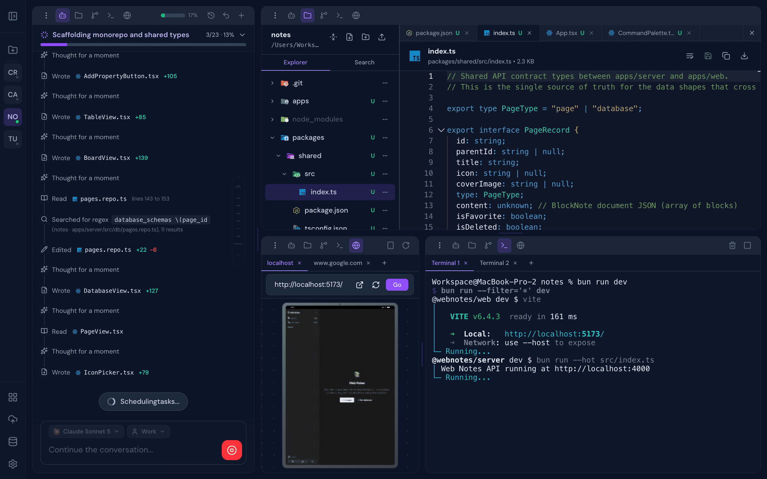 Clopen full workspace showing AI chat, file explorer, Monaco editor, browser preview, and terminal panels